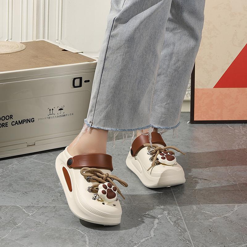 Fashion Women Summer Sandals Cute DIY Lace-up Paw Garden Shoes Girls Fashion Clogs Thick Sole 2 Way Wear Female Home Street Slippers