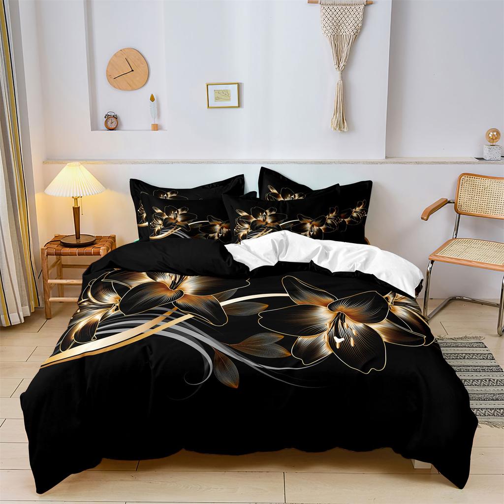 2/3pcs Duvet Cover Set Modern Black & Golden Floral Print Soft & Breathable Bedroom & Guest Room Without Core (No Insert)