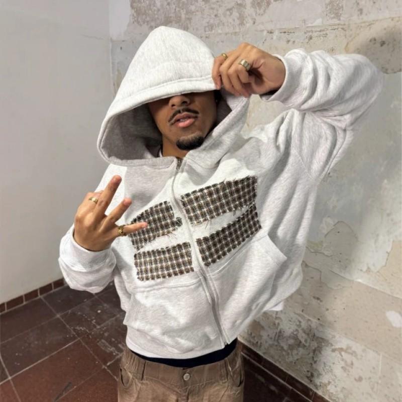 Winter Harajuku Patchwork Zip Hoodie Loose Streetwear Men Women