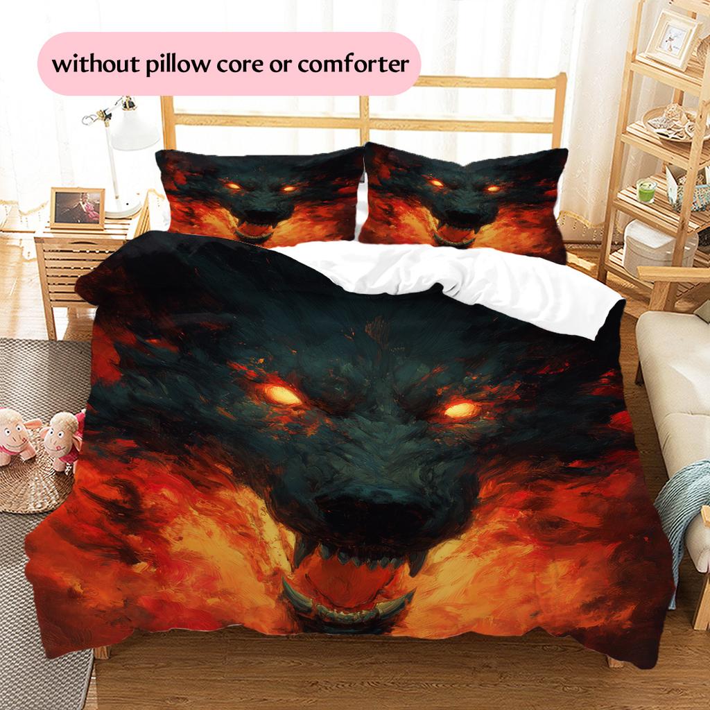 Flame Wolf Pattern Bedding Quilt Set Quilt Cover Pillowcase Home Decoration Gift (1 * duvet cover + 2 * pillowcase, without core)