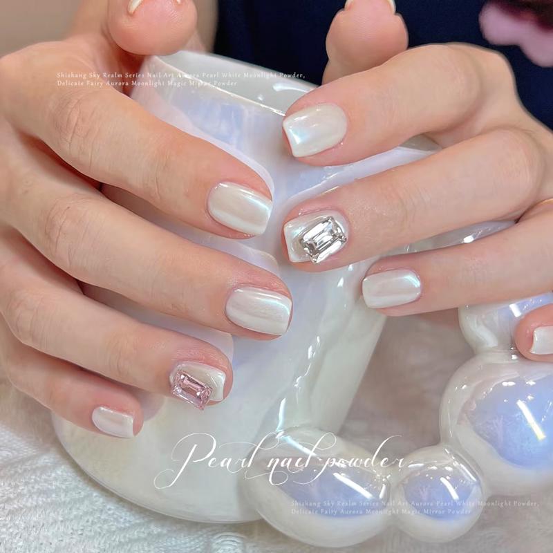 Hailey Lux Satin Pearlescent Pearl Powder Manicure: White Moonlight Bridal Nails