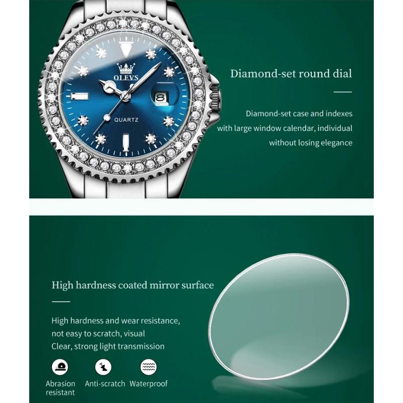 OLEVS Kvartsklokke for kvinner Diamond Dial Luxury Rustfritt stål Vanntett Elegant Dame Mote Topp Merke Dameklokke