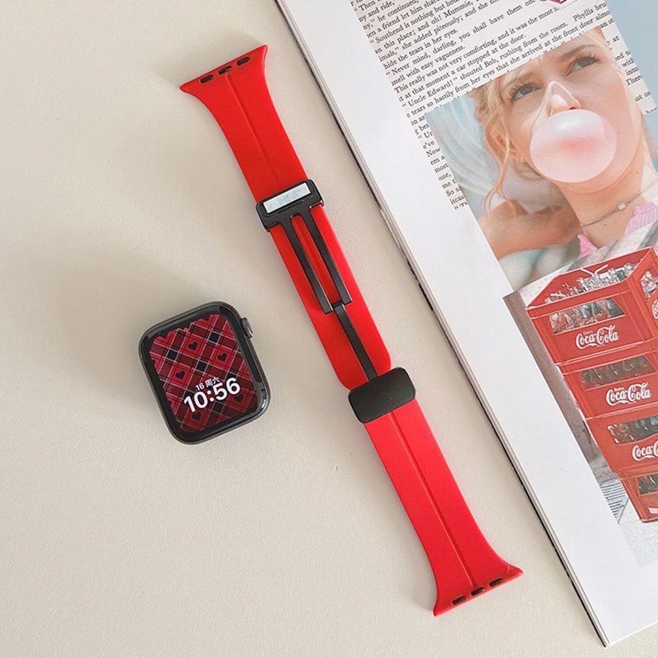 

Red Nylon Magnetic Silicon Leather Strap For Apple Watch Band S11/10/9/8/7/SE/Ultra 3 IWatch 49/46/45/44/42/41/40/38mm Bracelet 38 40 41(S11 10)42MM
