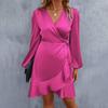 Women Mini Dress V-Neck Lantern Long Sleeve Side Lace-up Dress