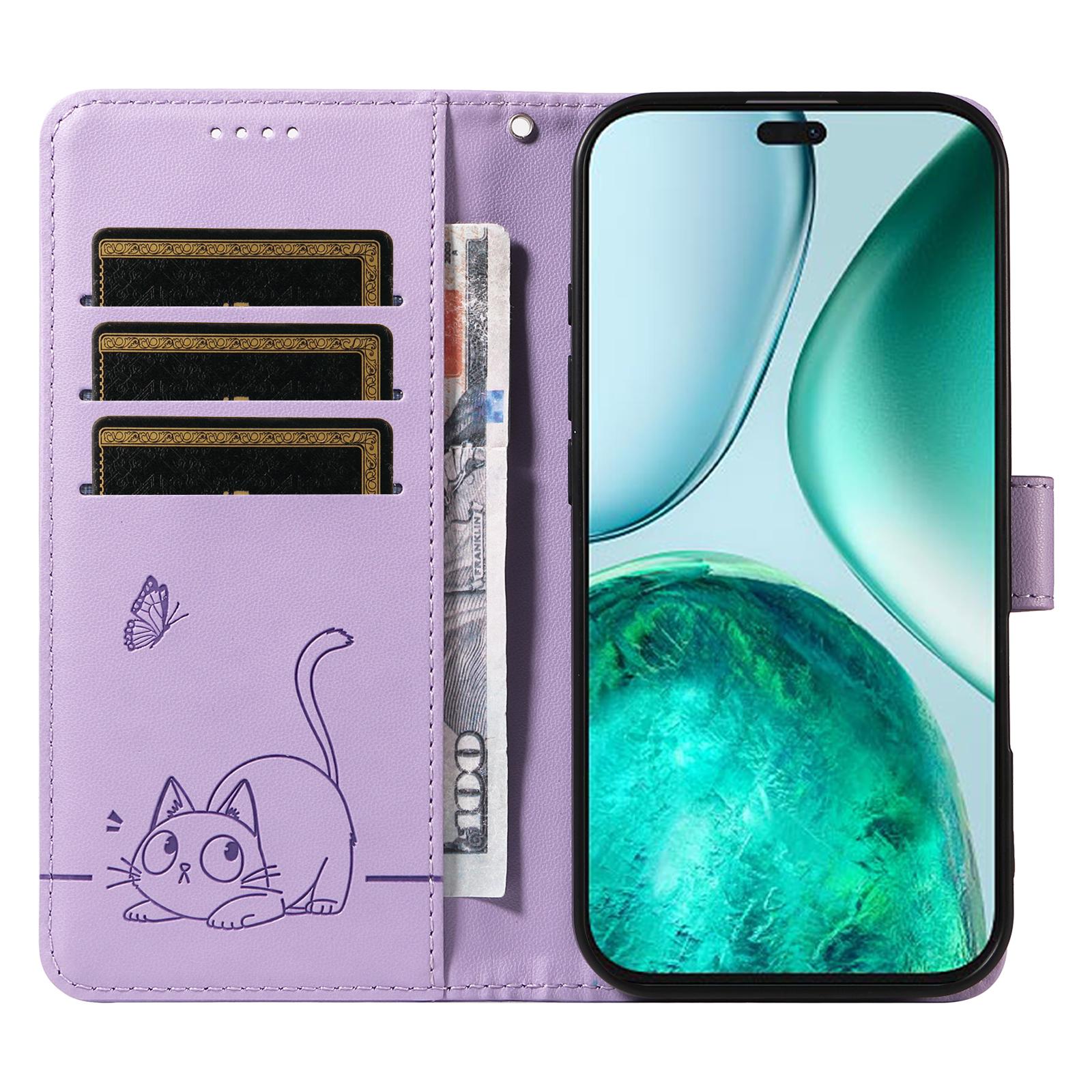 

For Honor X8c 4G Wallet Case with Wrist Strap Cat Pattern Imprint Leather Phone Cover Blue