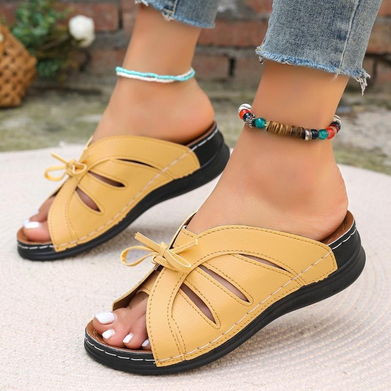 Womens Summer Shoes Wedge Fish Mouth Slippers Solid Color Plus Size Bow Trim Roman Sandals