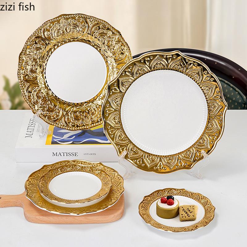 Vergoldete Keramik-Dessertteller mit Goldrand, Steakteller, Pastateller, Essteller, Obstsalatschale, Sushiteller, Sting Disc