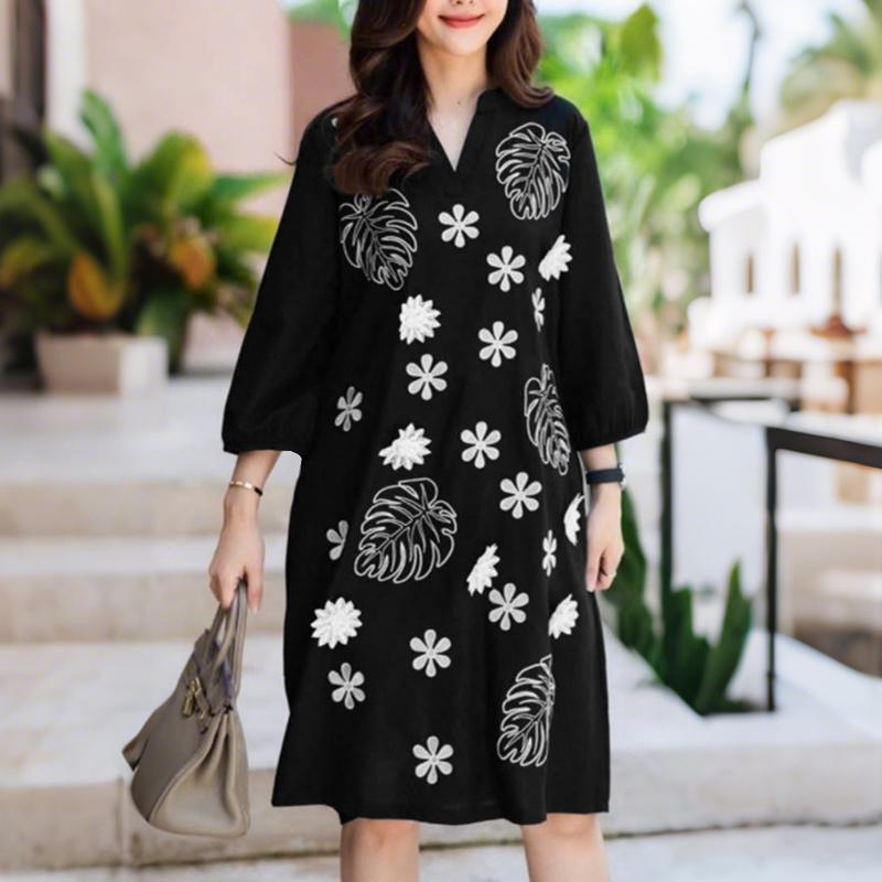 ZANZEA Women Casual V-Neck 3/4 Sleeve Floral Print Loose Dress S чёрный