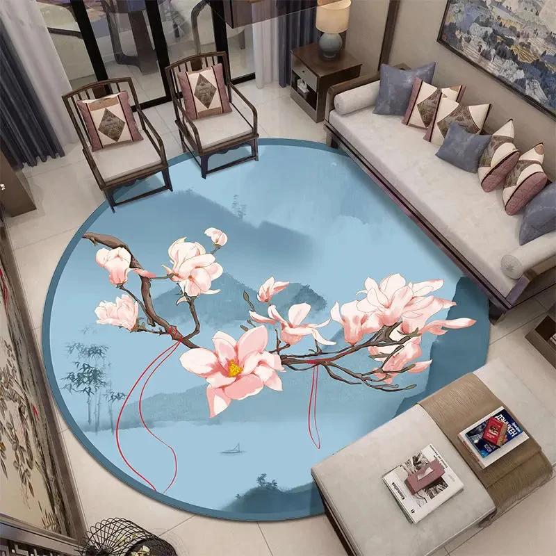 Chinese Classical Flowers Round Carpet Circle Area Rug for Study Bedroom Living Room Table Decor Soft Floor Mat Kitchen Doormat