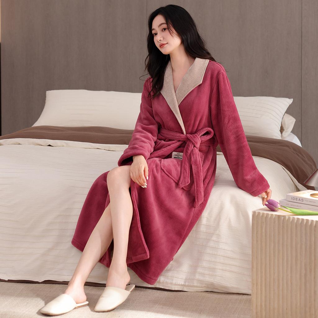 11 New flannel nightgown women's winter fleece thickened warm medium and long coral fleece bathrobe winter loungewear
