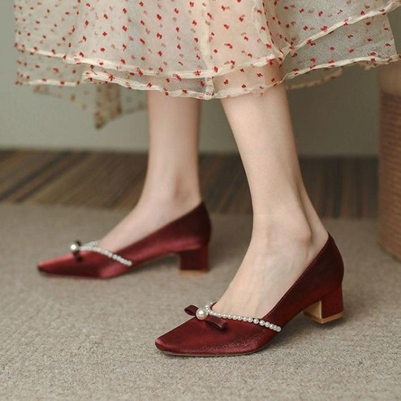 

Свадебные туфли Xiuhe на среднем каблуке с кристаллами, женские жемчужные туфли-лодочки на толстом каблуке, маленькое ароматное французское платье, туфли на высоком каблуке, модели весна-осень 39