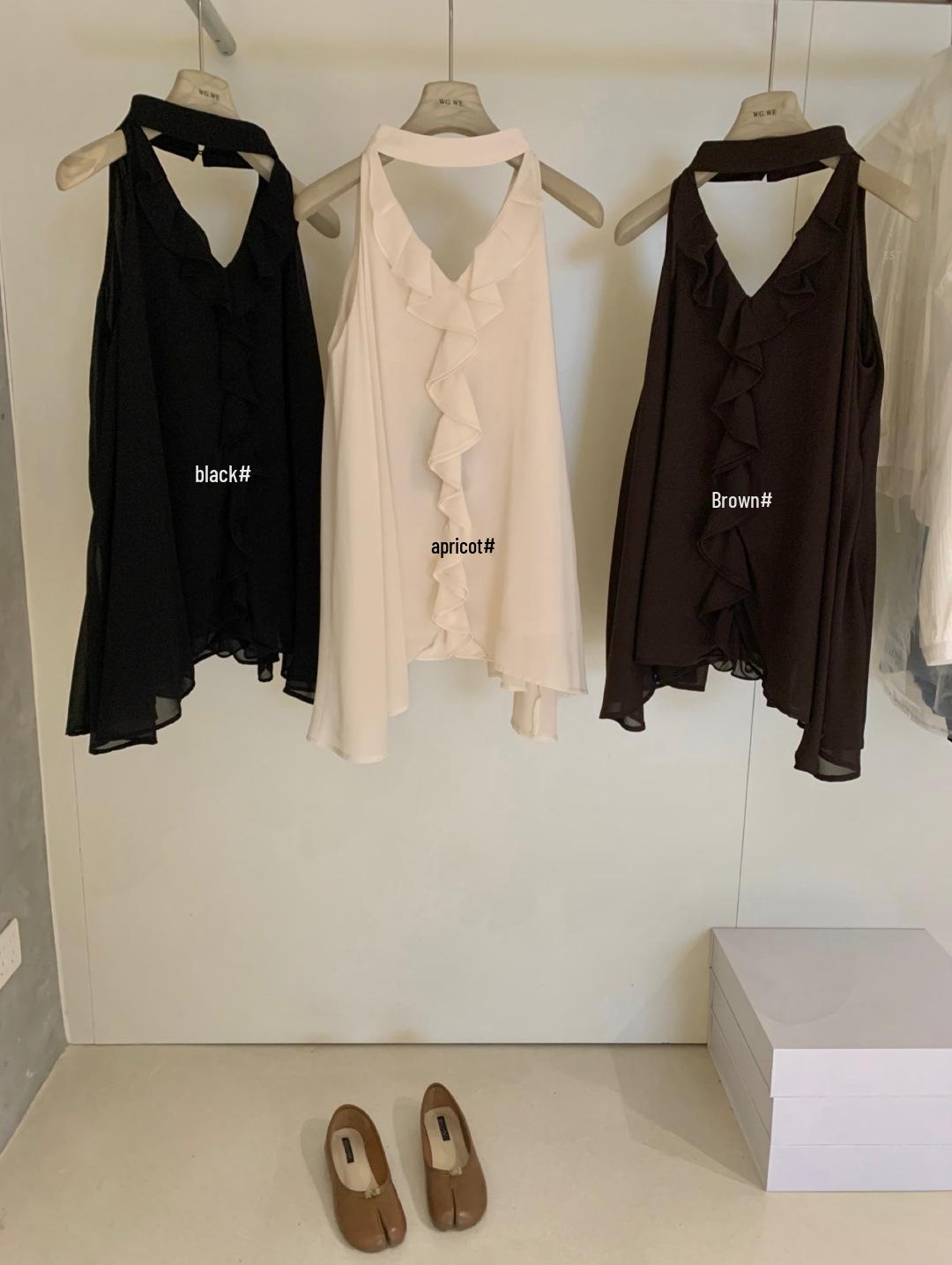 WGWE8805 Women s Ruffle Halter Sleeveless Off-Shoulder Top - Spring/Summer Collection Coffee Color