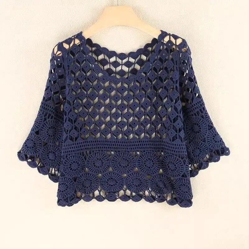 Short Hollow Sexy Round Neck Knitted Cover Up Shirt for Women, Versatile and Loose Fitting, Slimming , Stylish, Clothing