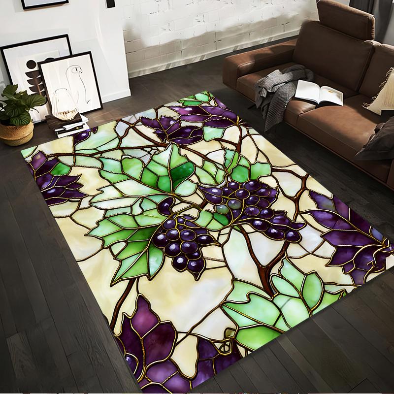 "Stained Glass Style Carpet with Green Leaves and Purple Grapes Design" Suitable for use as an anti-slip for living room bedroom sofas