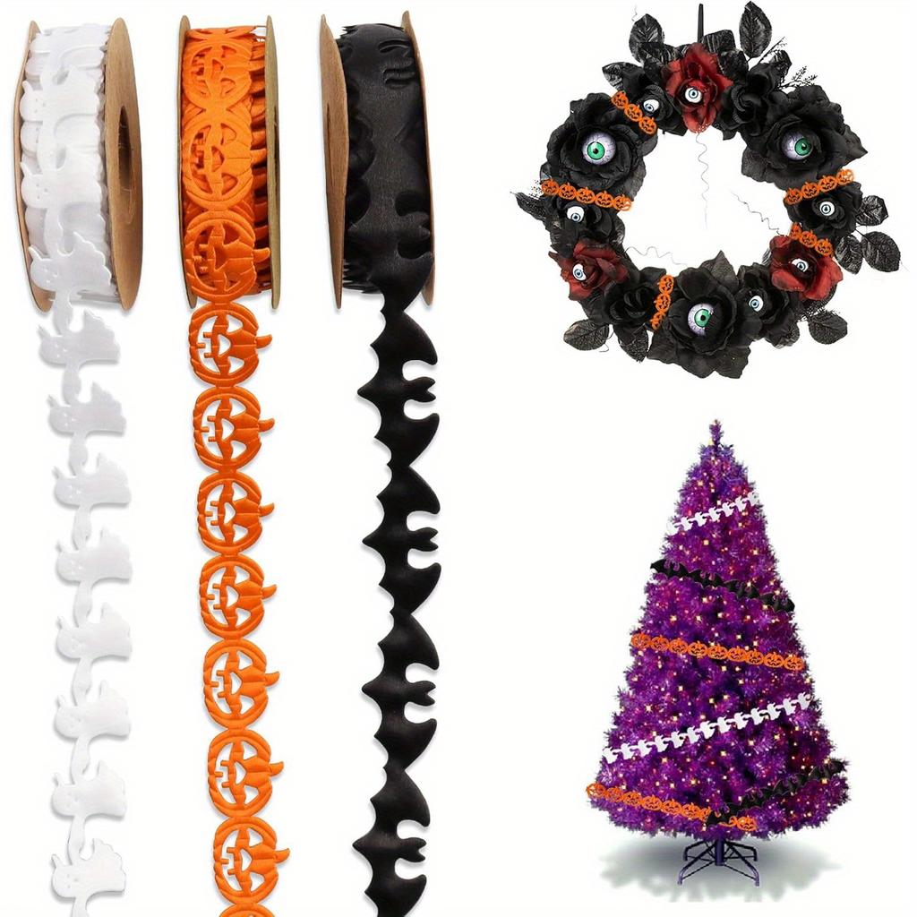 3 Rolki 15 Jardów Wstążek Halloweenowych, Czarne Białe Pomarańczowe Wstążki Halloweenowe Kształt Dyni Nietoperza Ducha Wstążki Rzemieślnicze Ozdoba do Pakowania Prezentów