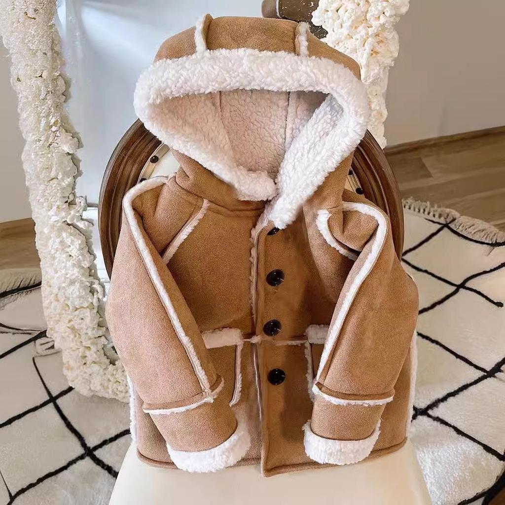 Retro Suede Lamb Wool Winter Coat for Babies - Unisex, Thick, Warm Korean Style