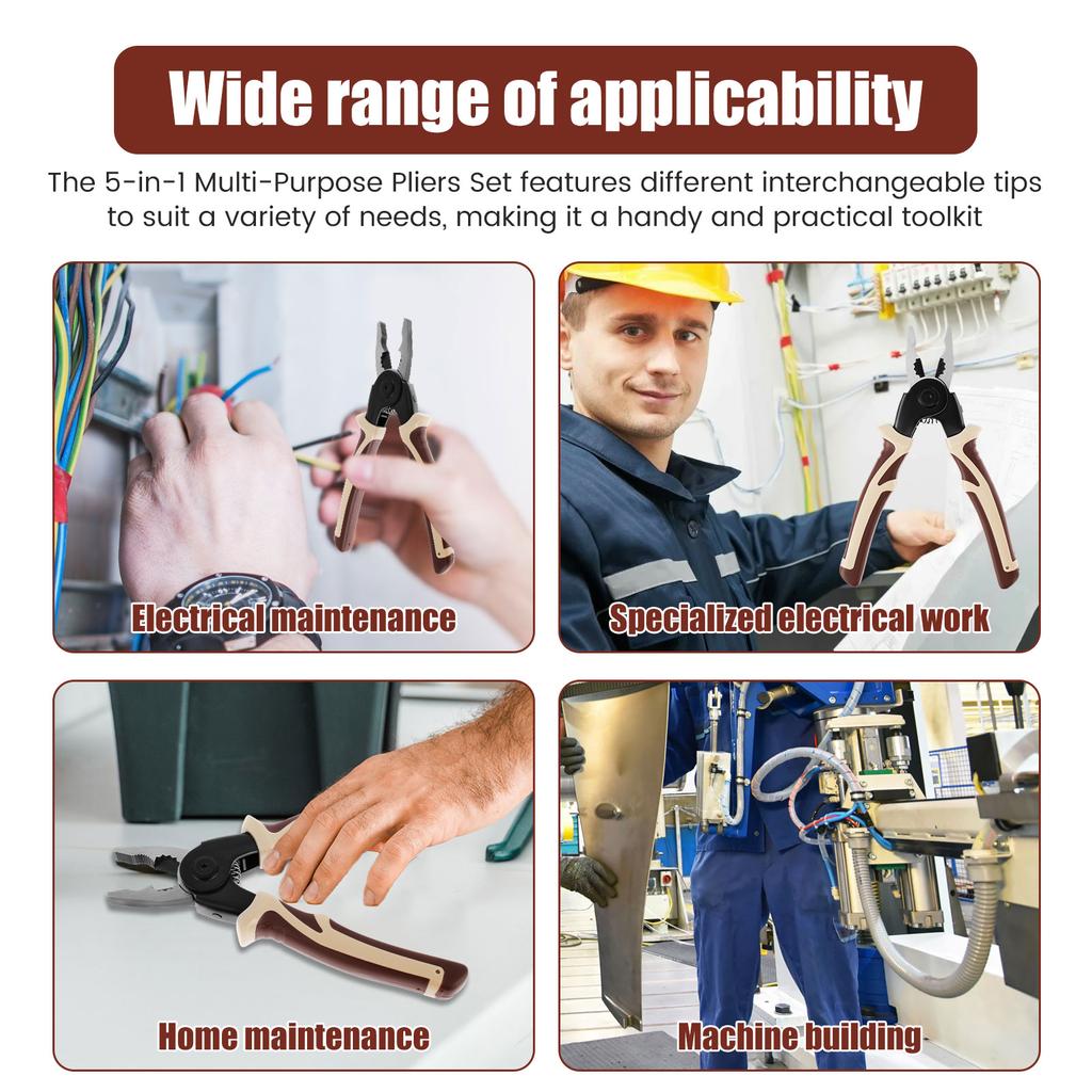 5 in 1 Multifunctional Plier Set with 5 Interchangeable Plier Head Tool Steel Multipurpose Plier Tool Kit with Wire Stripper Cab
