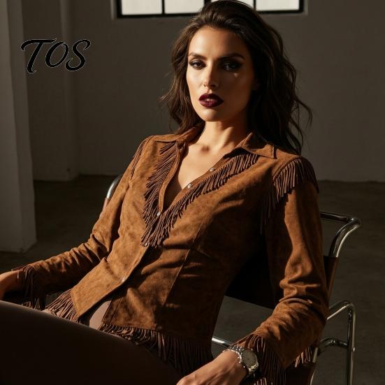 Slim Fit Fringe Blouse Women Tassel Shirt for Autumn, Button Down Everyday Wear Blouse, Solid Color Casual Long Sleeve Top, Western Cowgirl