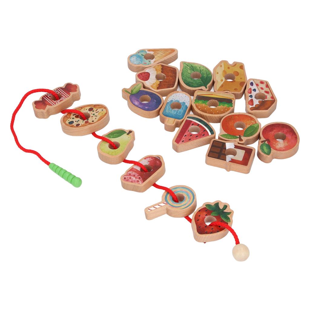 Wooden Threading Toy Fine Motor Skills Early Learning Food Fruit Shape Blocks Lacing Toy for