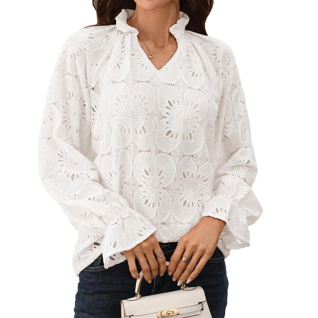 New Autumn-winter Pure-color V-neck Loose Casual Long-sleeved Lace Top for Women
