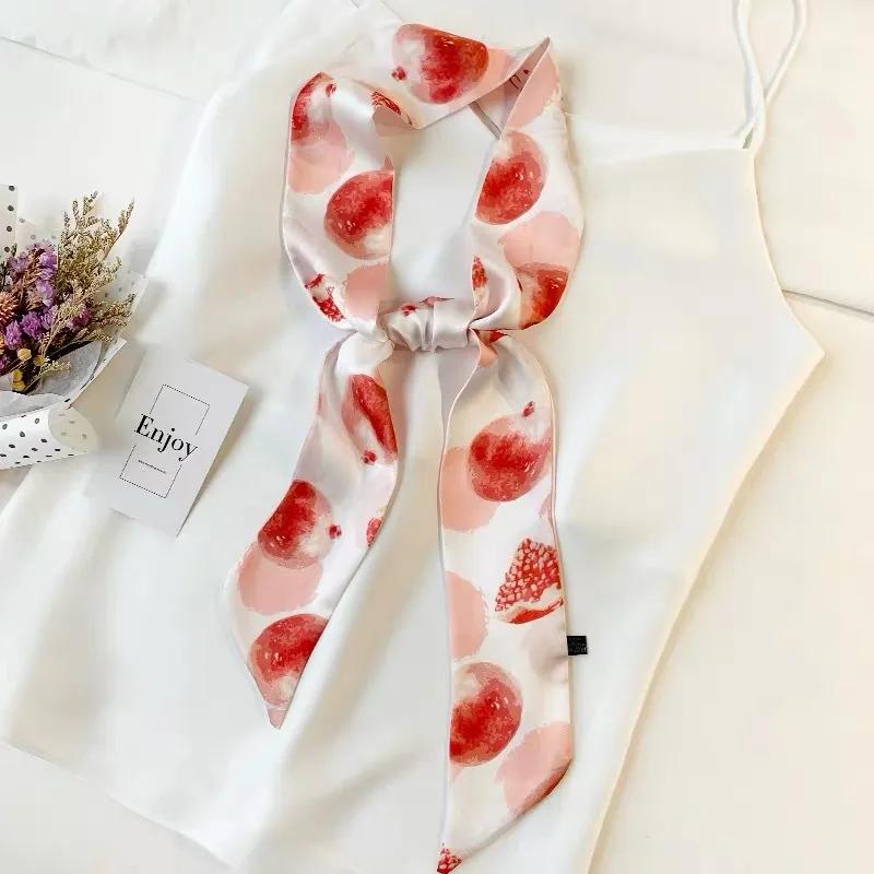 Long Skinny Hair Scarf For Women Fashion Fruit Print Kerchief Cute Headband Silk Satin Neck Scarfs 7*130cm Band Bag Scarves