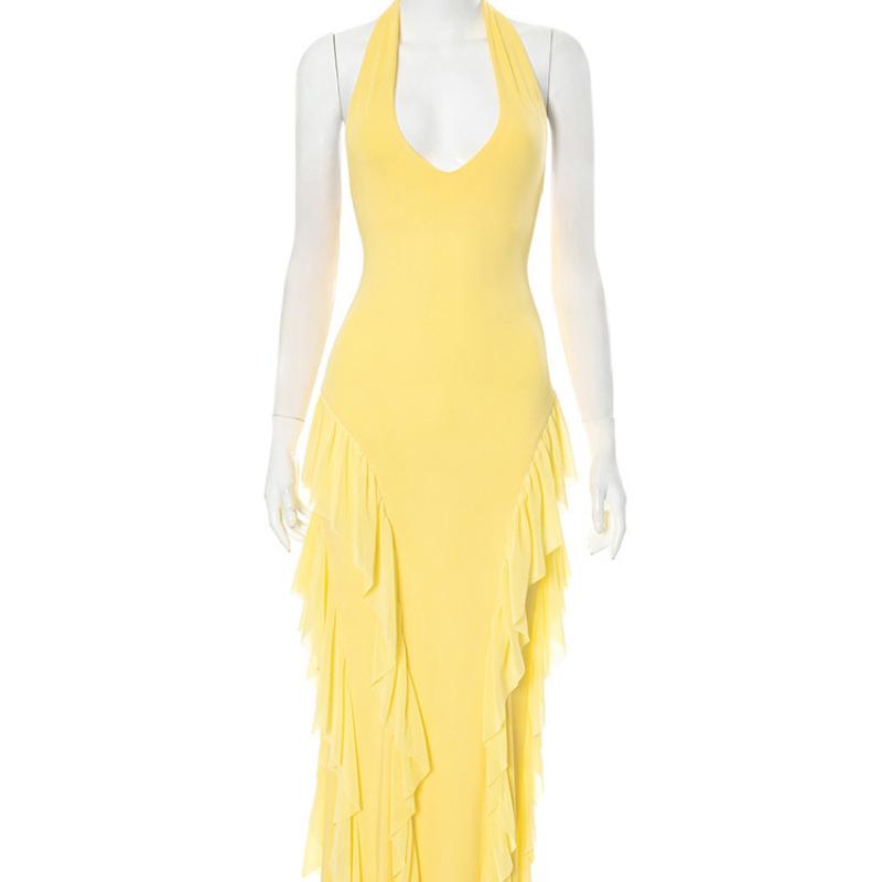 

Европейское и американское летнее женское платье без рукавов с открытой спиной, V-образным вырезом, бретелькой на шее, темпераментной оборкой по краю L жёлтый