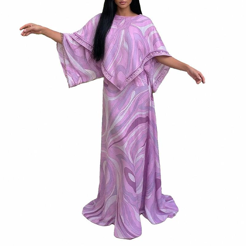 Women Abstract Print Kimono Sleeve Maxi Dress Slim Fit