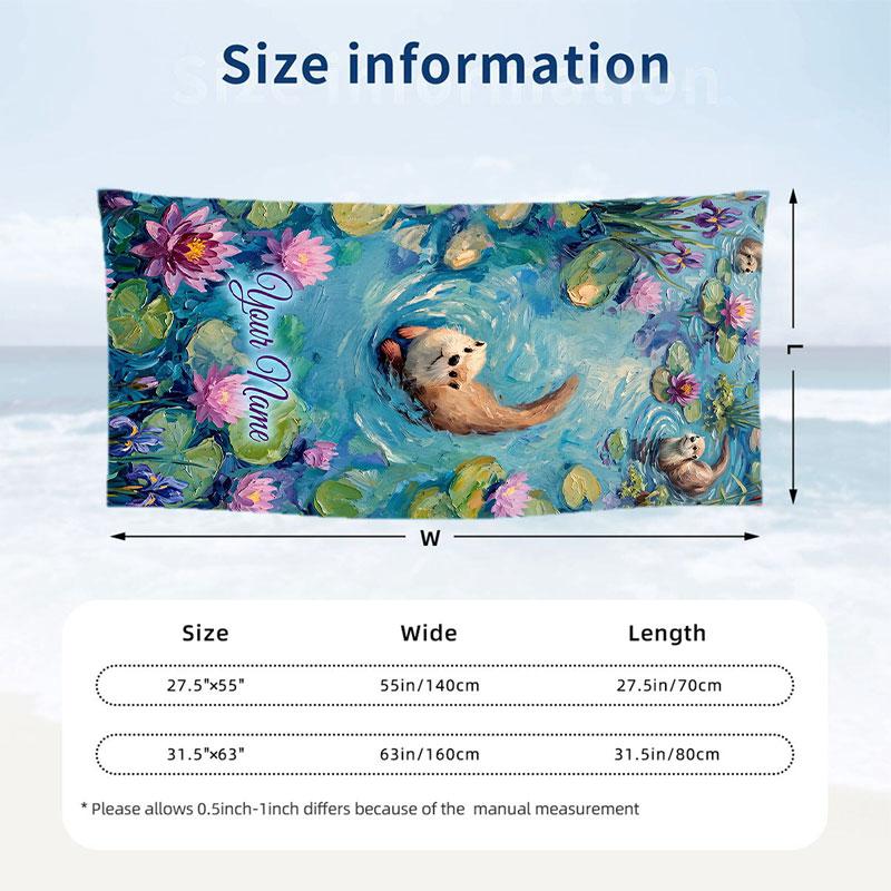 Otters Lily Pond Theme Quick Dry Beach Towel Custom Name Text Print Large Sand Resistant Towel Beach Vacation