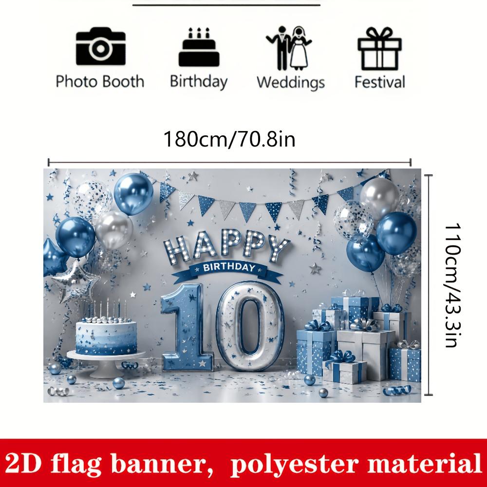 Blue Silver 10th Birthday Banner Backdrop Balloons Cake Gift Boxes Stars