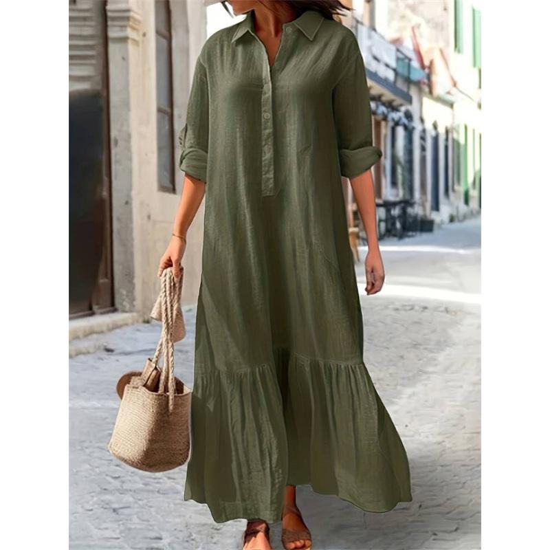 Damen Leinen Hemdkleid Revers 3/4 Ärmel Rüschensaum Locker Lang Maxikleid
