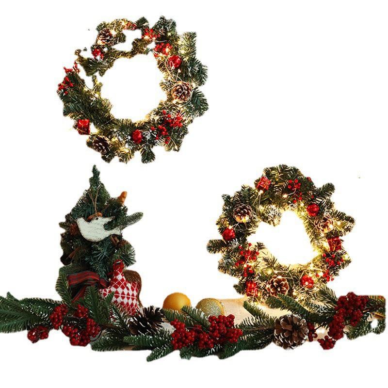 JOYBLISS Glowing LED Garland Ornaments with Artificial Green Leaves for Christmas and New Year Home Decorations, Door Hanging Wreath