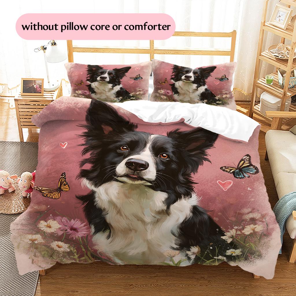 Pink Border Collie Pattern Bedding Home Decoration Birthday Gift (1 * duvet cover + 2 * pillowcase, without core)