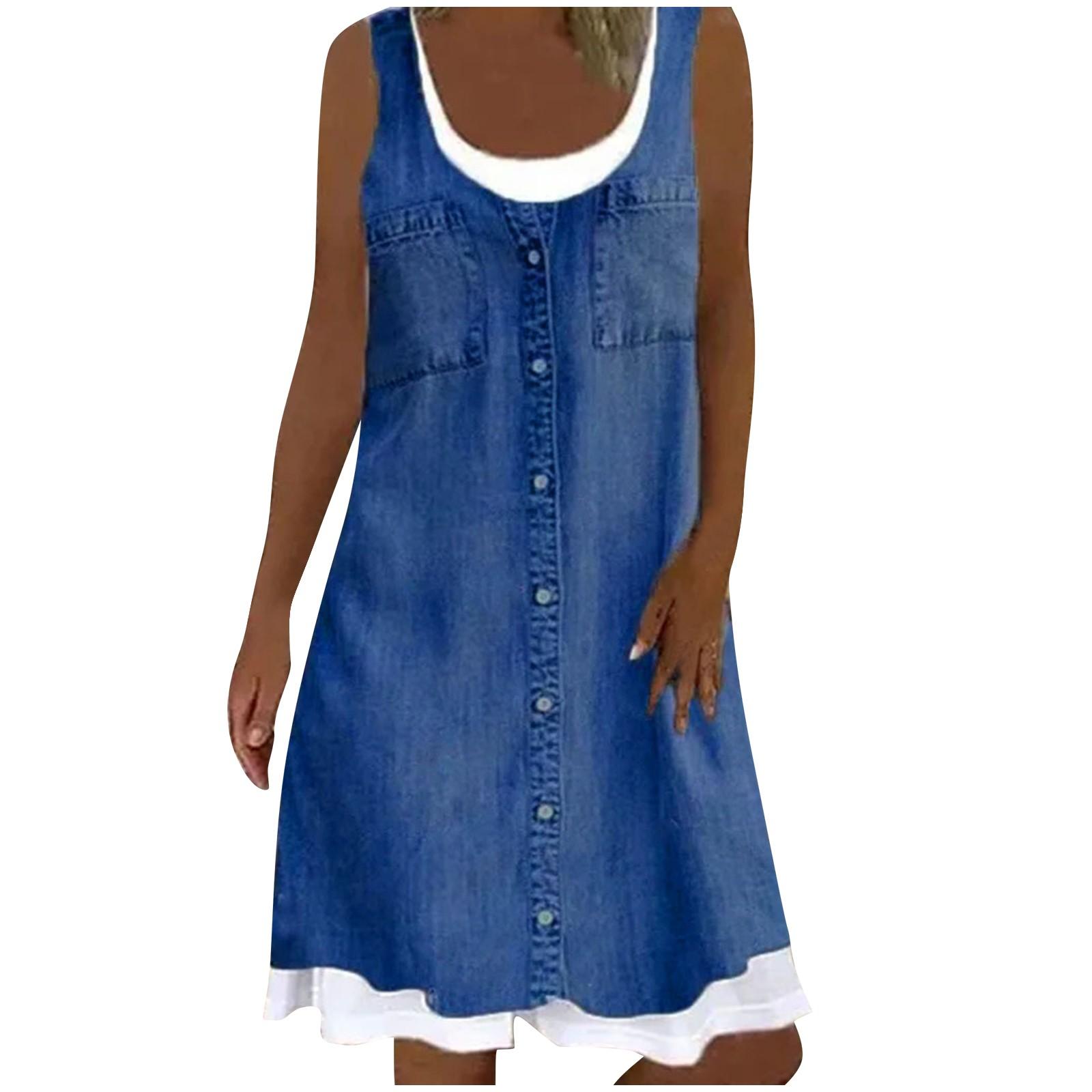 Модное женское свободное повседневное платье без рукавов с фальшивым воротником и круглым — фото 4