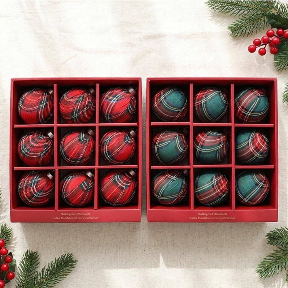 9Pcs Vintage Plaid Fabric Christmas Ball Set Grid Pattern Christmas Gift Spheres Home Decor