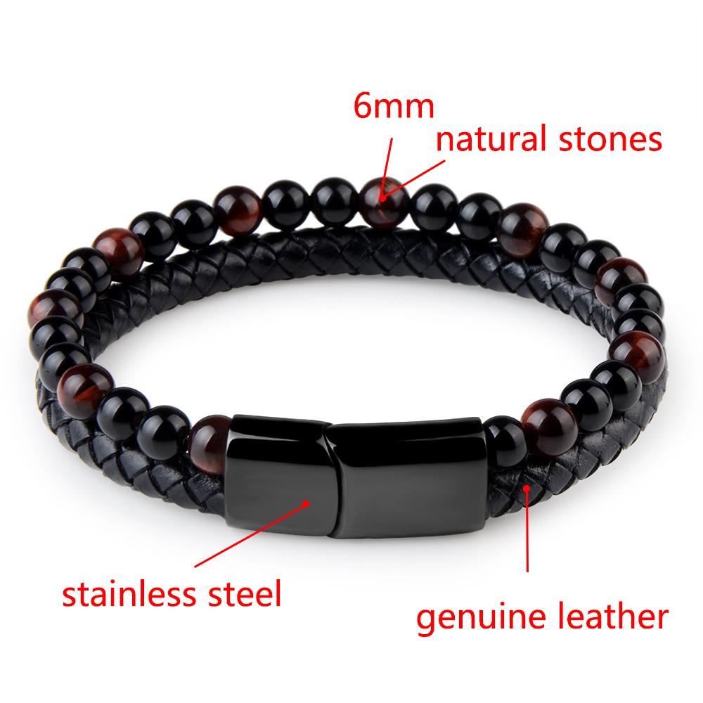 Natural Stone Bracelets Genuine Leather Braided Bracelet Black Stainless Steel Magnetic Clasp Tiger Eye Bead Bangles Men Jewelry
