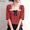 ZANZEA Women Elegant Square Collar Summer Casual Short Sleeve Blouse