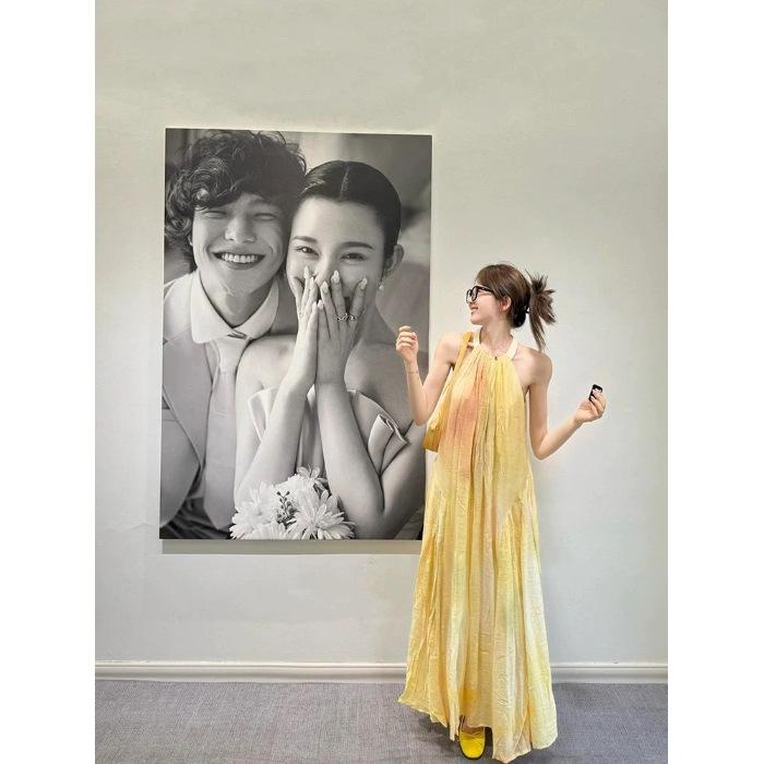 

French temperament vacation neck pleated printed dress foreign style fashion sense beautiful dress S жёлтый
