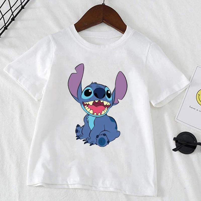 Cute Disney Stitch Print Kids T-shirts Summer White Short Sleeve Boys Girls Tee Shirt Child Cartoon Harajuku Tops Clothes