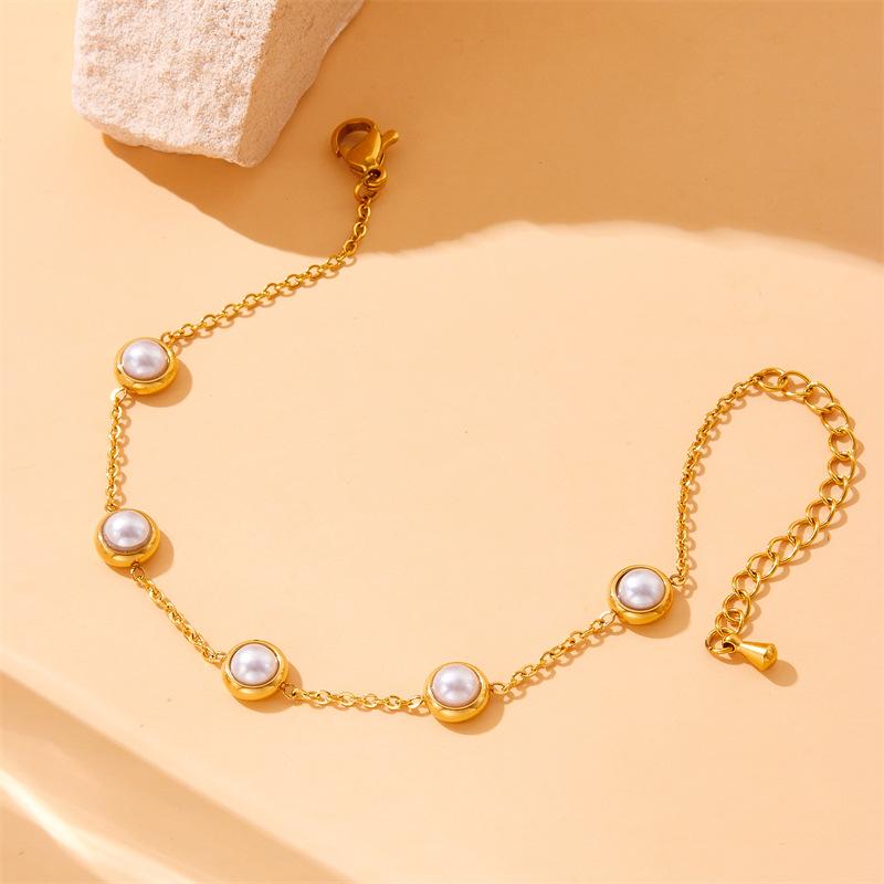 Gold Plated Round Pearl Jewelry Set Necklace Bracelet Earrings for Women Stainless Steel