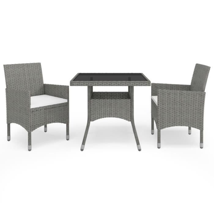 Ensemble à dîner de jardin - VIDAXL - 3 pcs - Résine tressée - Verre trempé - Gris