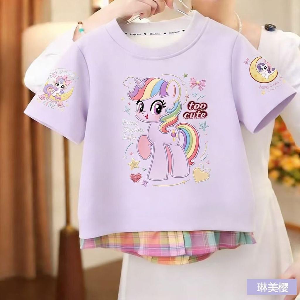 Girls Cute Fake Layer Short Sleeve T Shirt Round Neck with Embroidery Print