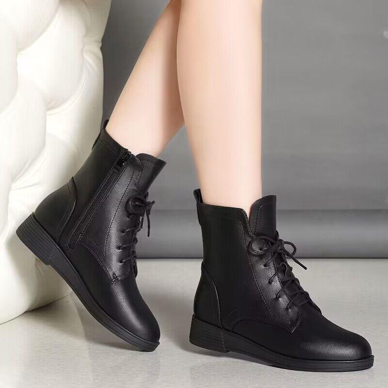 Fashion Giant Versatile Soft Leather Martin Boots Women's Autumn and Winter New Boots Fleece Thickened Flat Boots Women's