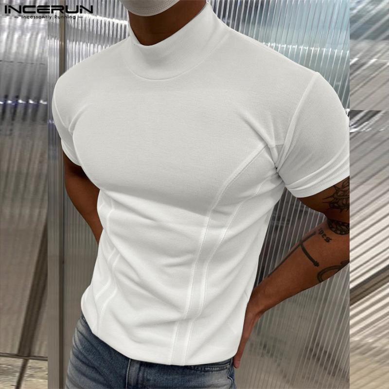 INCERUN Men Mockneck Short Sleeve Solid Color Casual Fittd T-shirts Tops