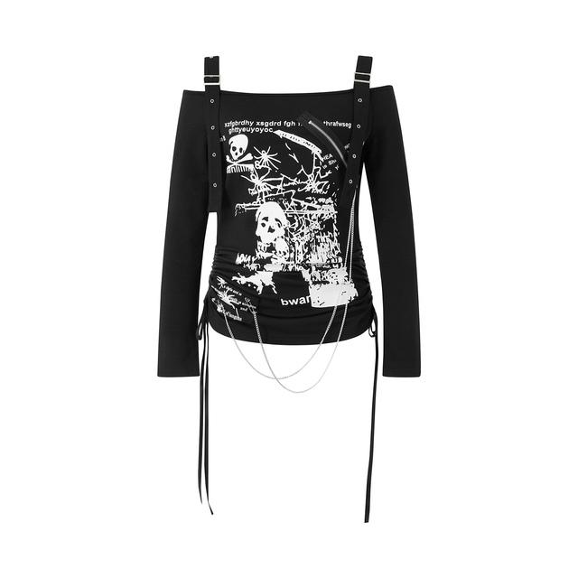 

Women Y2K Long Sleeve Top Vintage Print Off Shoulder Slim Fit Pullover Top Fairy Grunge 90s Harajuku Aesthetic Streetwear L чорний