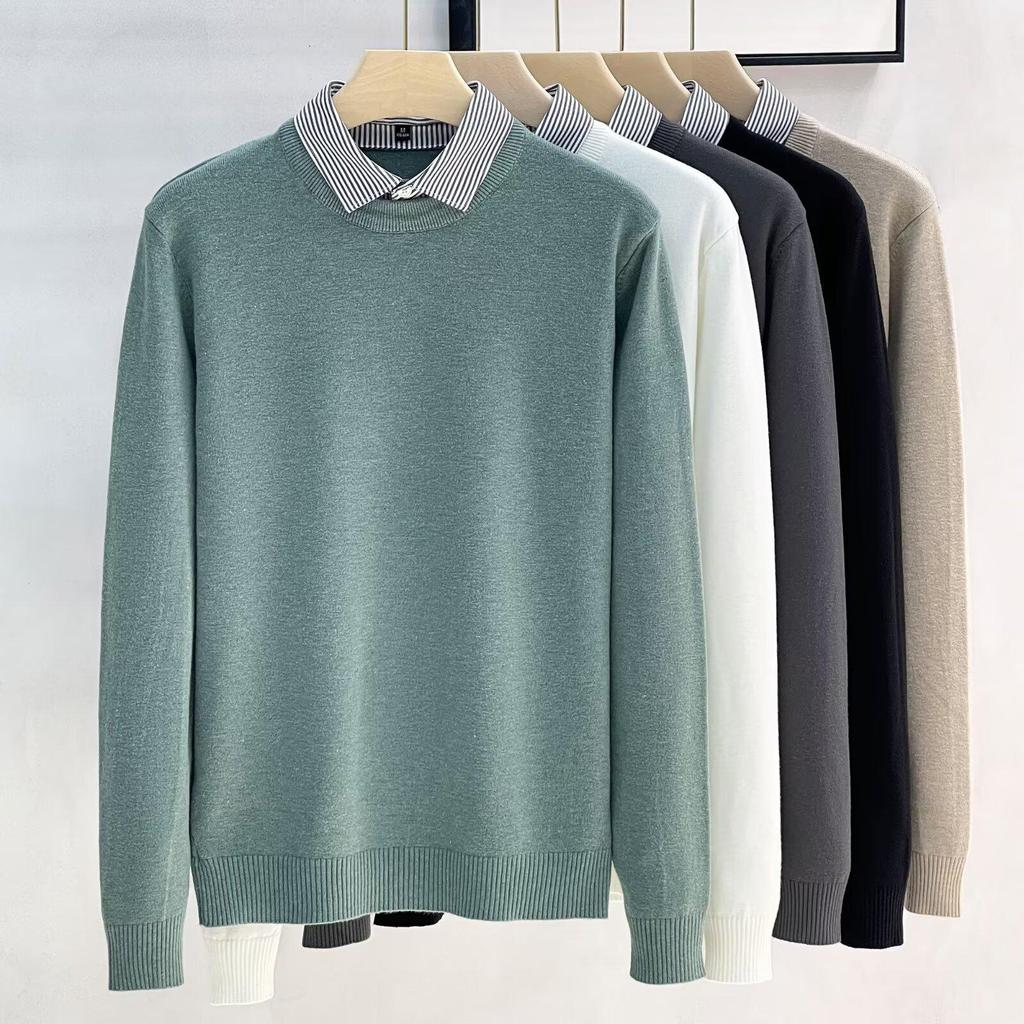 Men's High-End Faux Two-Piece Striped Sweater with Shirt Collar - Versatile Knit Base Layer for Autumn/Winter.