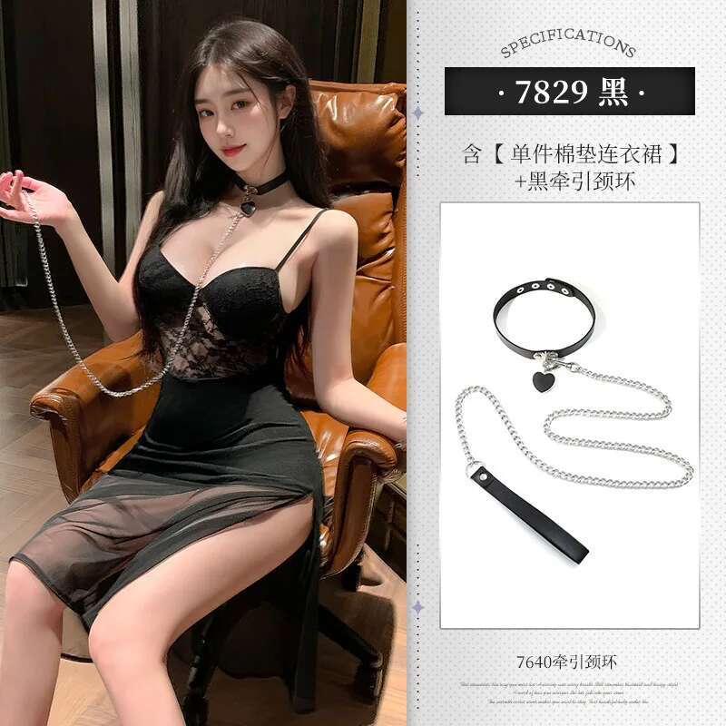 Mesh Lace Black Sweet Sexy Women Sheer Dresses Chest Mat Fish Tail Sleeping Skirt Strap Sexy Uniform Dress Elegant Korean AVN7