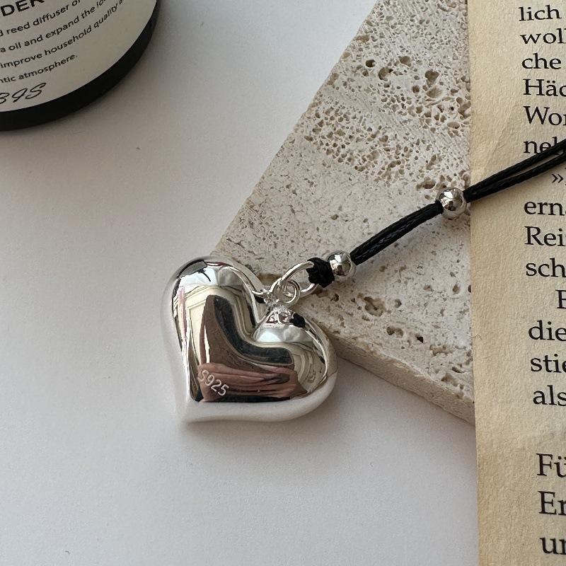 Long Black Rope Necklace 925 Sterling Silver Lover Heart Pendant Sweater Chain Necklace for Women