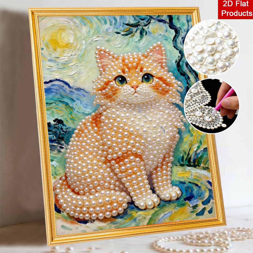 Cat Pearl Painting Handmade DIY 5D Creative Ornaments Living Room Home Decoration Painting with Van Gogh Style Background and Starry Night Texture