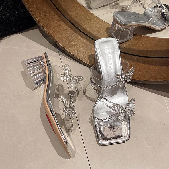 Summer Bowknot Rhinestone High Heel Sandal Slippers Women Chunky Heel Transparent Silver High Heel Slippers