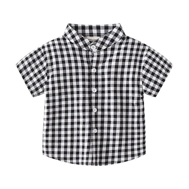 Summer Boys' Lapel Casual Short-Sleeved Top K-style Kids Fashion Small Gingham Baby Stand Collar Button Shirt